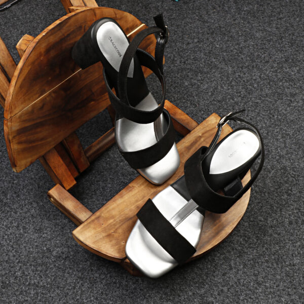 Black-Silver Open-Toe Block Heel Sandal
